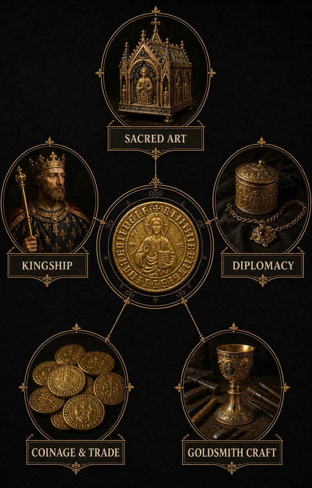 Infographic showing five medieval European uses of gold: sacred art, kingship, diplomacy, coinage and trade, and goldsmith craft