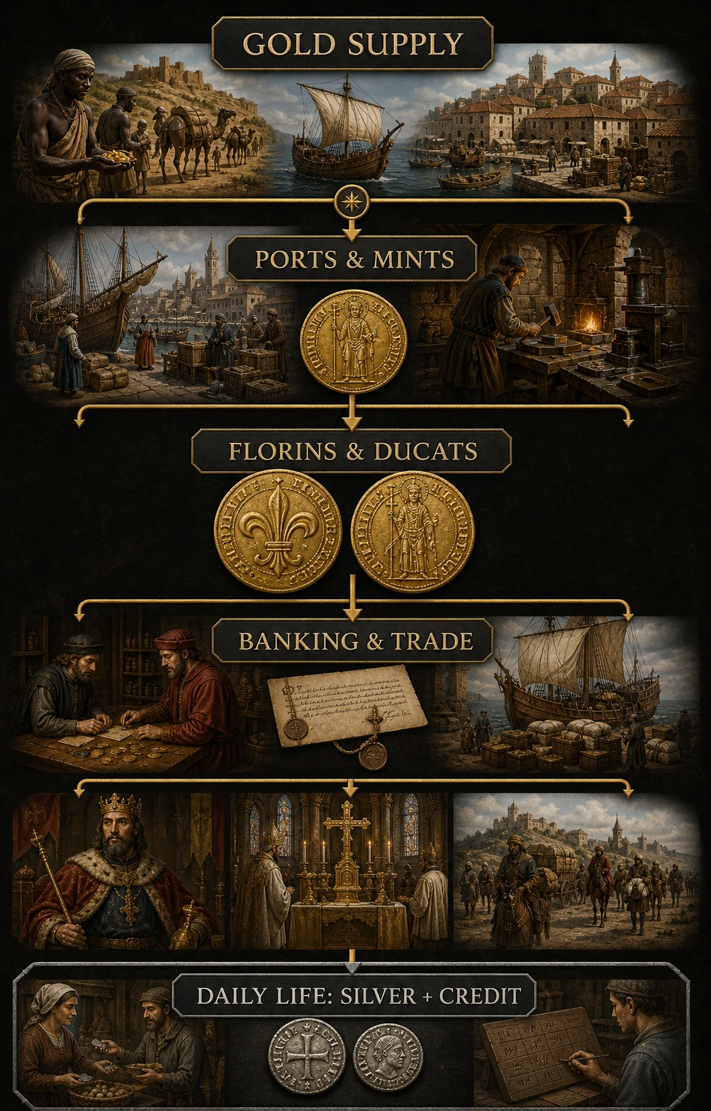 Infographic showing medieval gold moving through supply routes, ports, mints, coinage, banking, and long-distance trade while daily life used silver and credit