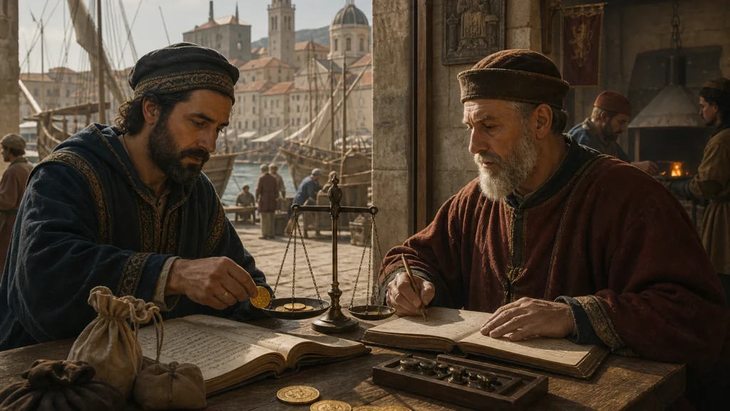 Medieval merchant and mint official weighing gold coins beside ledgers in a Mediterranean port