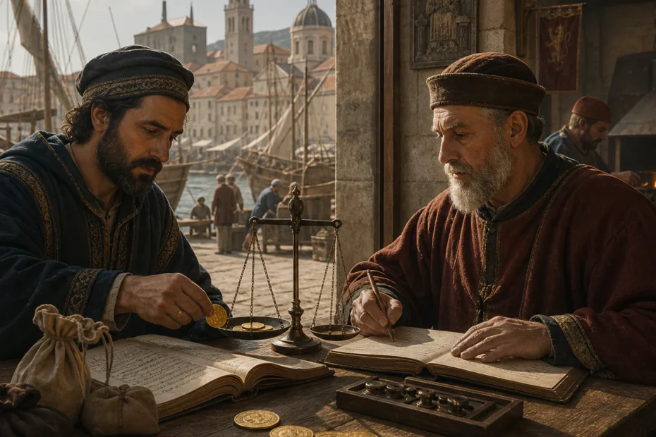Medieval merchant and mint official weighing gold coins beside ledgers in a Mediterranean port