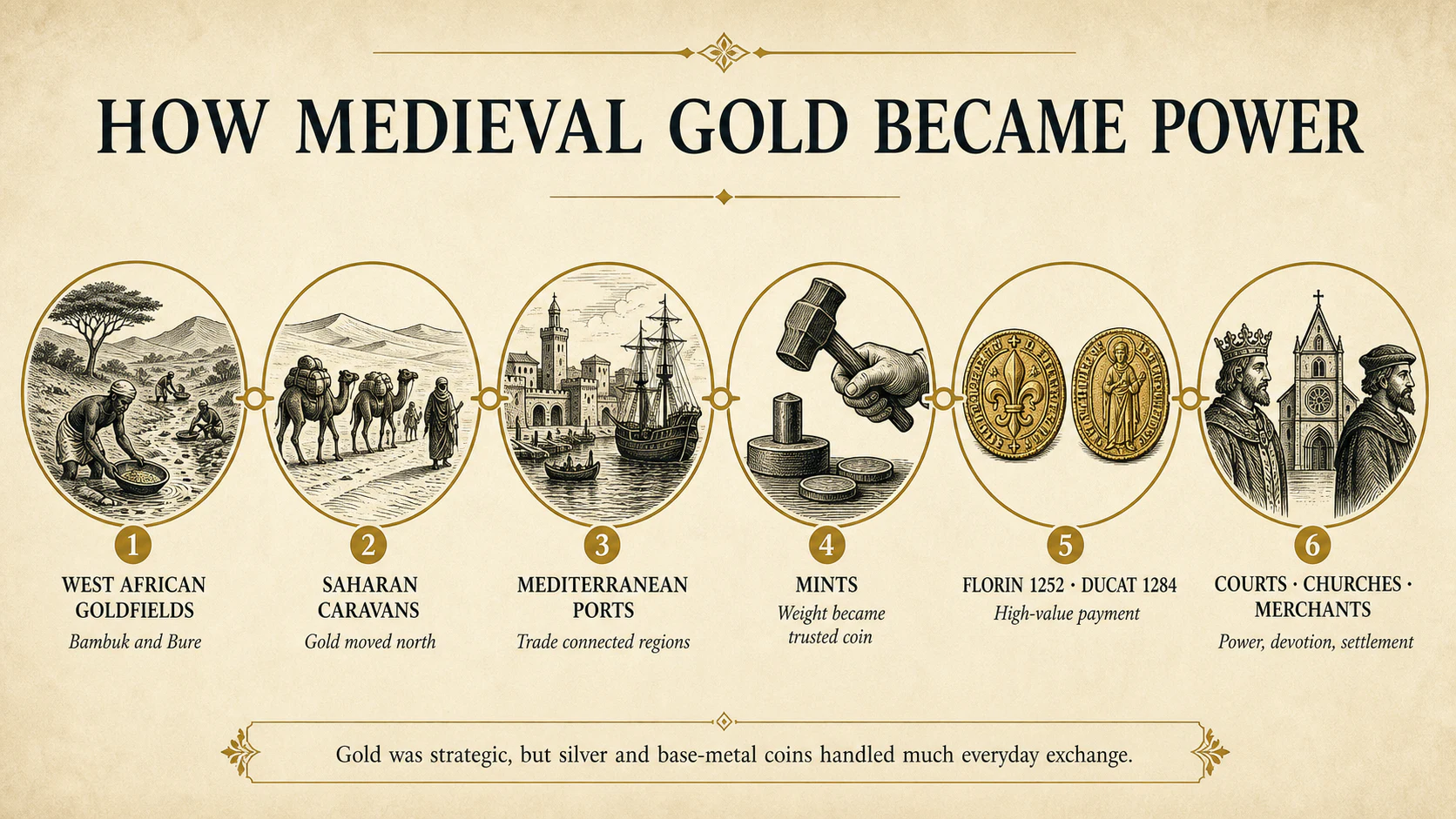 Diagram showing medieval gold moving from West African goldfields through Saharan caravans and Mediterranean ports to mints, coins, courts, churches and merchants