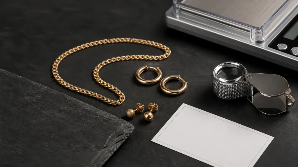 Gold jewelry buying guide showing karat marks, scale, loupe, and verification checklist