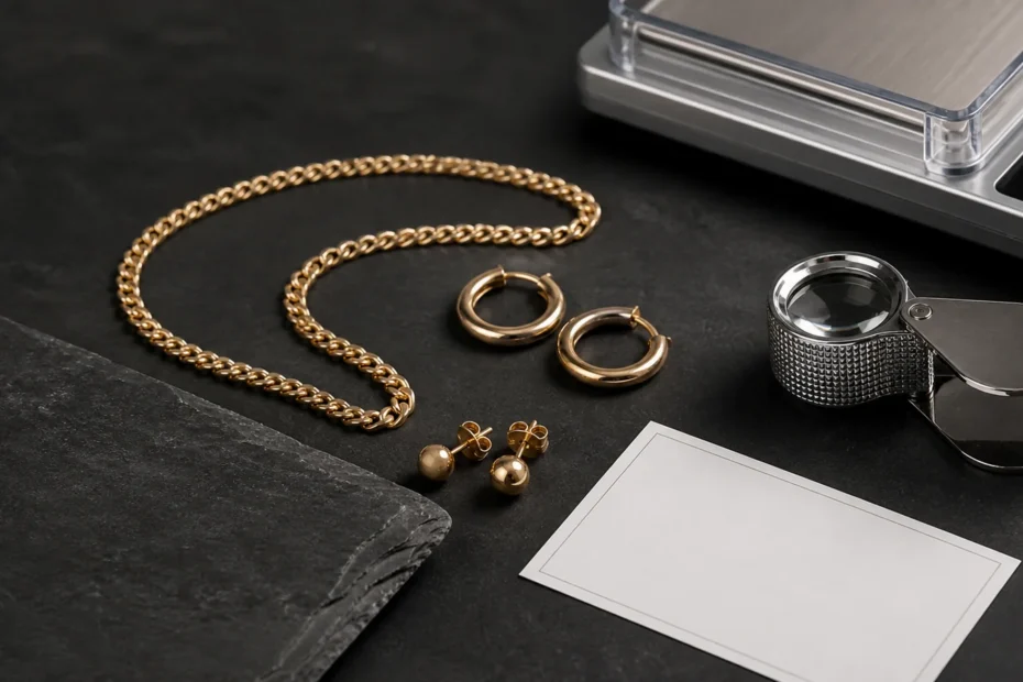 Gold jewelry buying guide showing karat marks, scale, loupe, and verification checklist