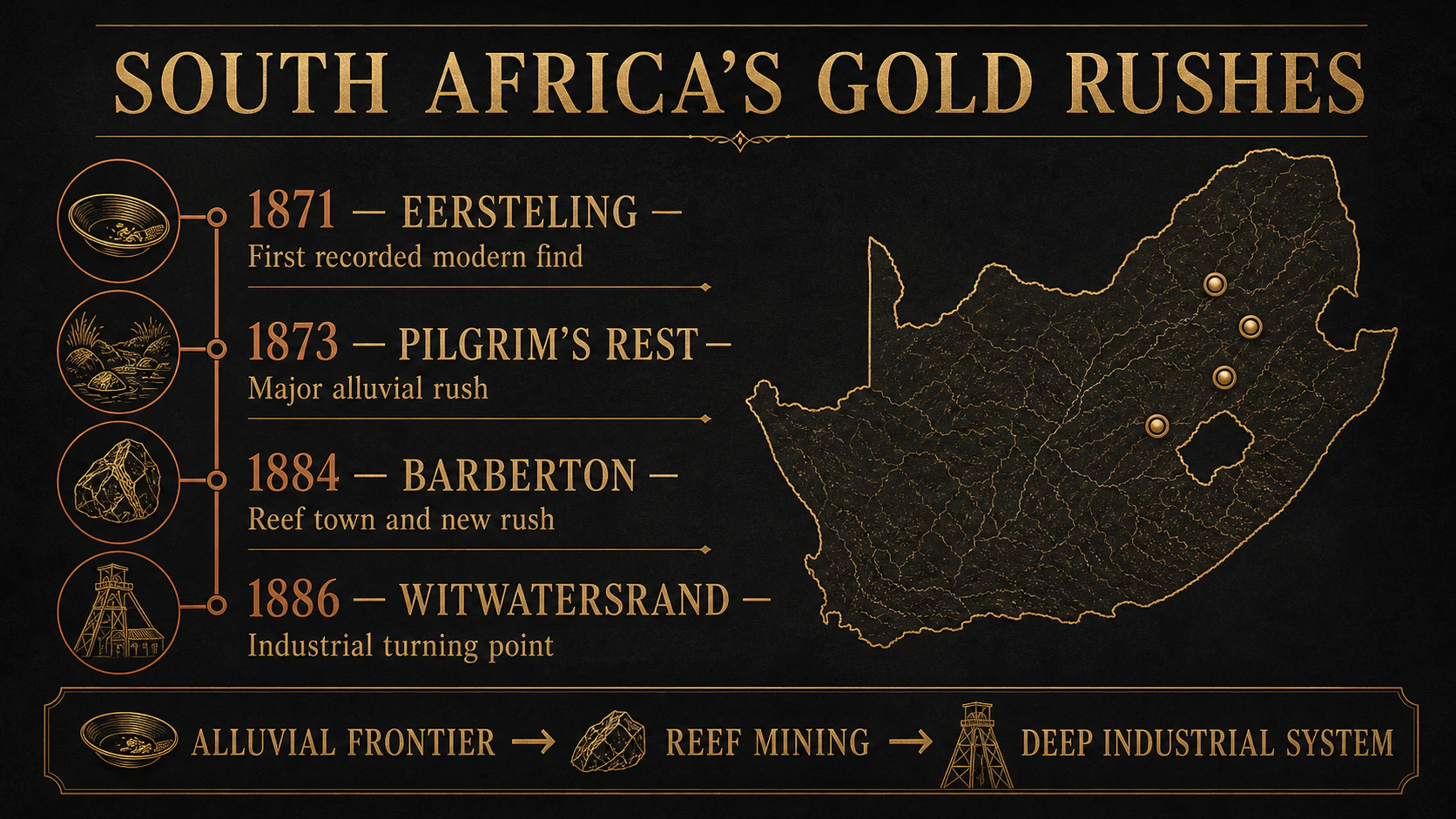 Timeline of South African gold rushes at Eersteling in 1871, Pilgrim's Rest in 1873, Barberton in 1884 and Witwatersrand in 1886