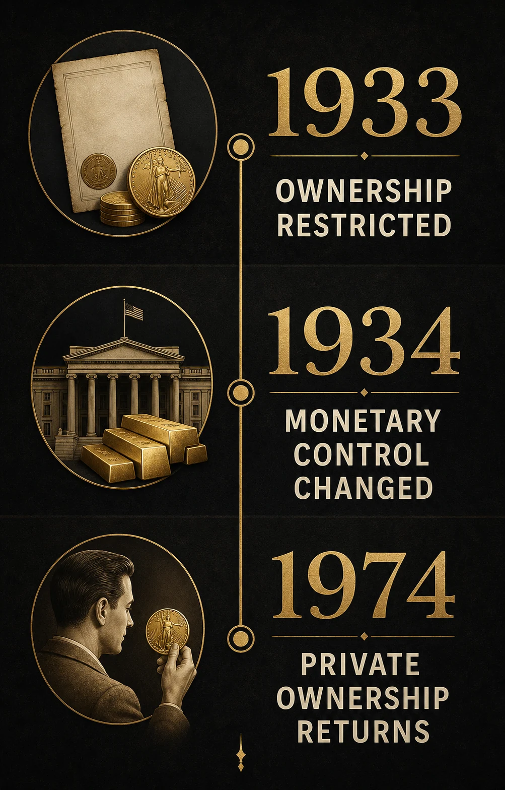 Timeline of United States gold ownership restrictions in 1933, the Gold Reserve Act in 1934, and restored private ownership in 1974