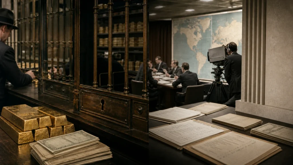 Split historical scene showing a 1933 bank gold window and a 1971 international monetary briefing