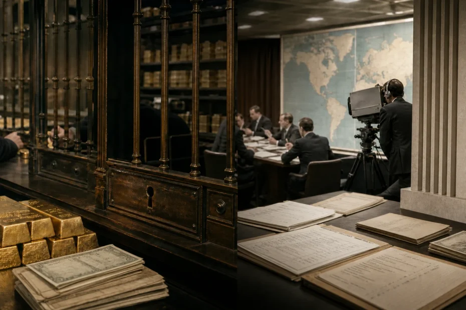 Split historical scene showing a 1933 bank gold window and a 1971 international monetary briefing