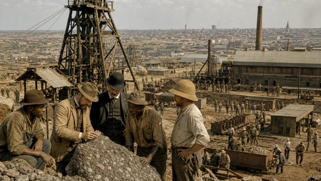Witwatersrand miners and engineers examining gold-bearing conglomerate beside an early deep mine and growing Johannesburg