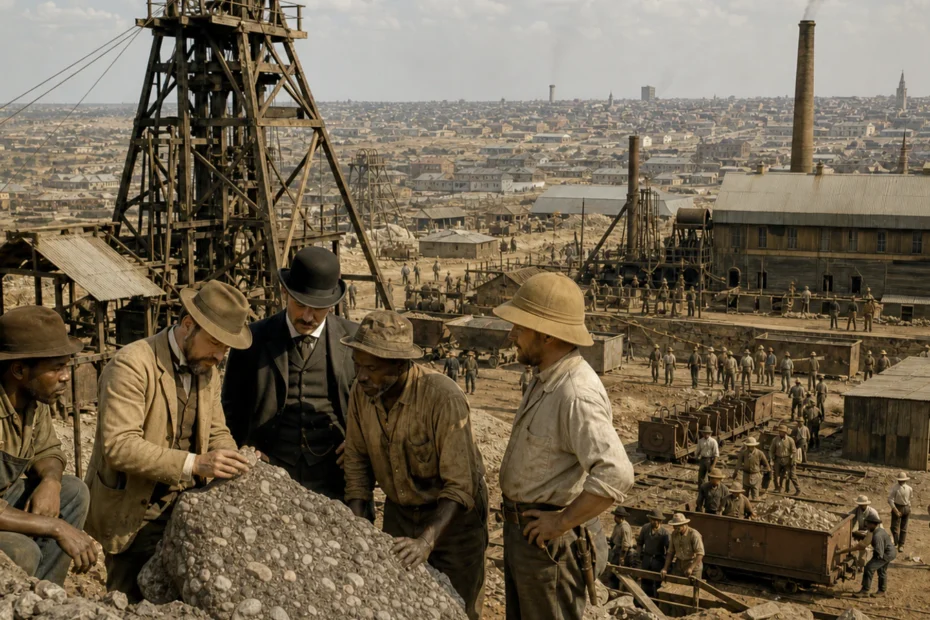 Witwatersrand miners and engineers examining gold-bearing conglomerate beside an early deep mine and growing Johannesburg