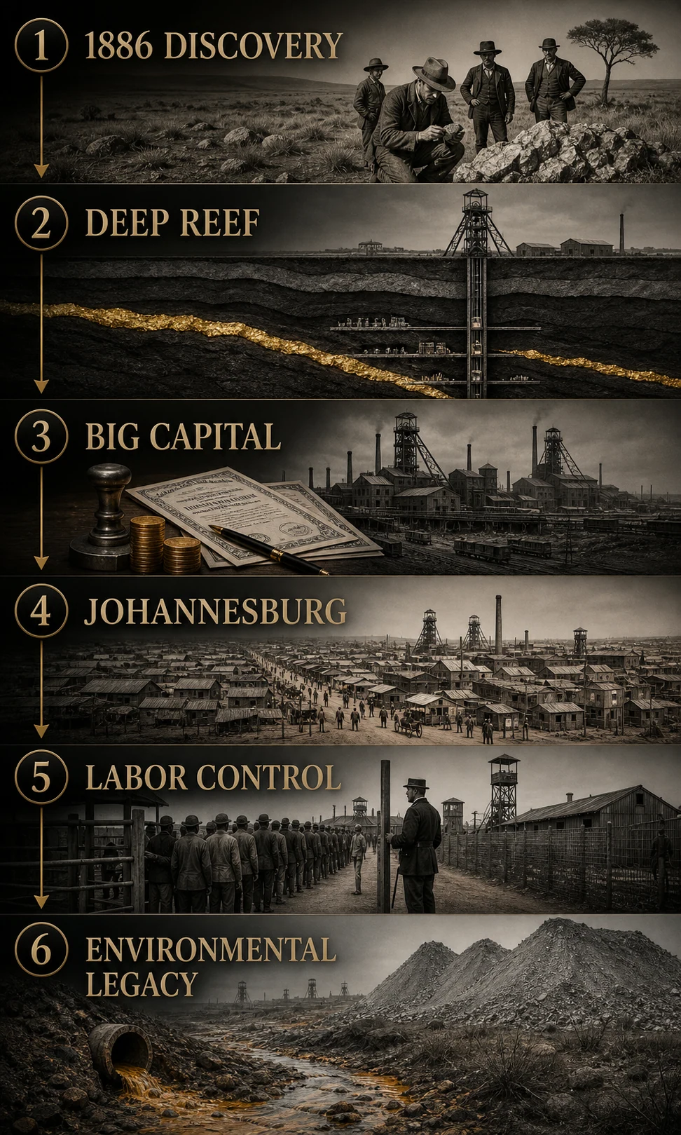 Infographic showing the Witwatersrand transformation from the 1886 discovery and deep reef mining to big capital, Johannesburg, labor control, and environmental damage