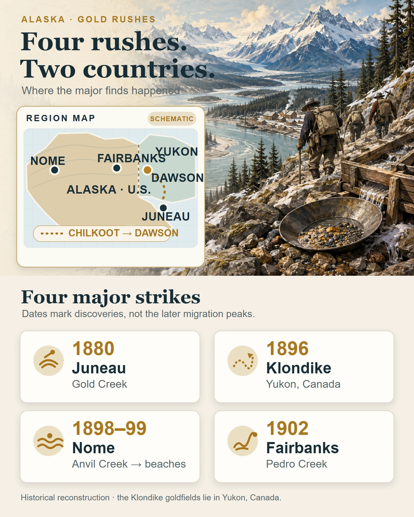 Infographic map of Alaska and Yukon showing Juneau, Nome, Fairbanks, and the Klondike route, plus four discovery dates.