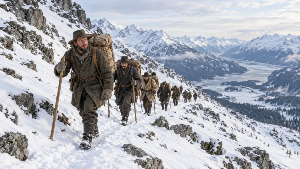 Illustrative reconstruction of late-1890s stampeders carrying supplies up a snowy Chilkoot Pass trail