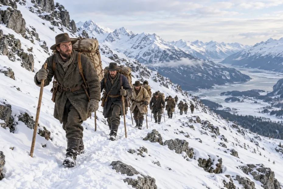 Illustrative reconstruction of late-1890s stampeders carrying supplies up a snowy Chilkoot Pass trail