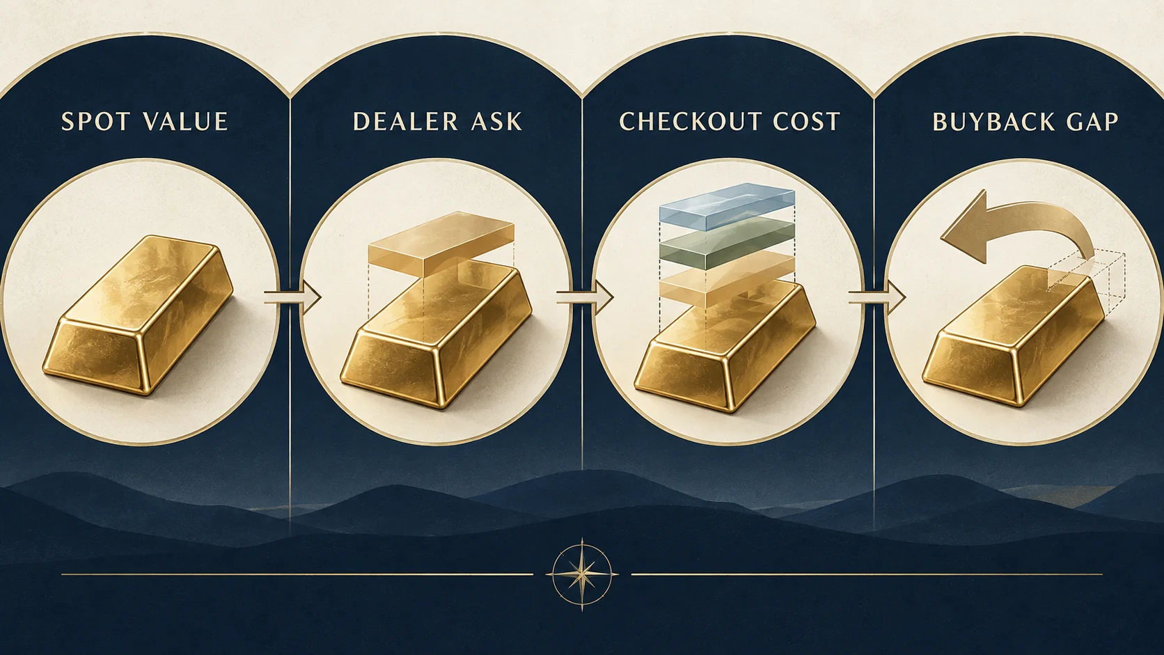 Four-stage illustration: spot metal value, dealer asking price, checkout costs, and the possible buyback gap