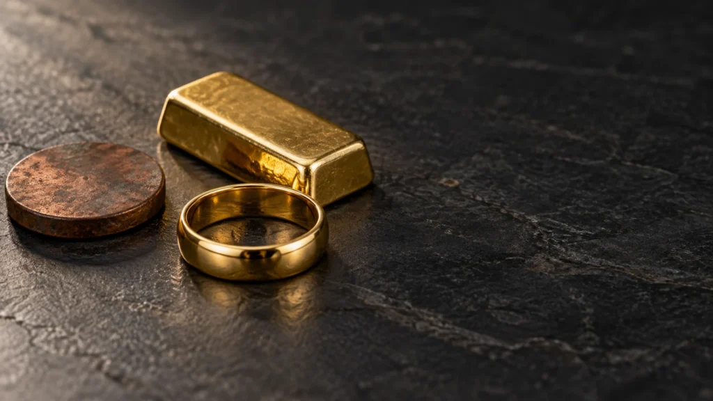 Illustrative image of a gold ring and bar beside a separate discolored copper sample