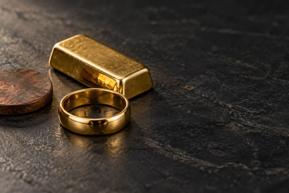 Illustrative image of a gold ring and bar beside a separate discolored copper sample