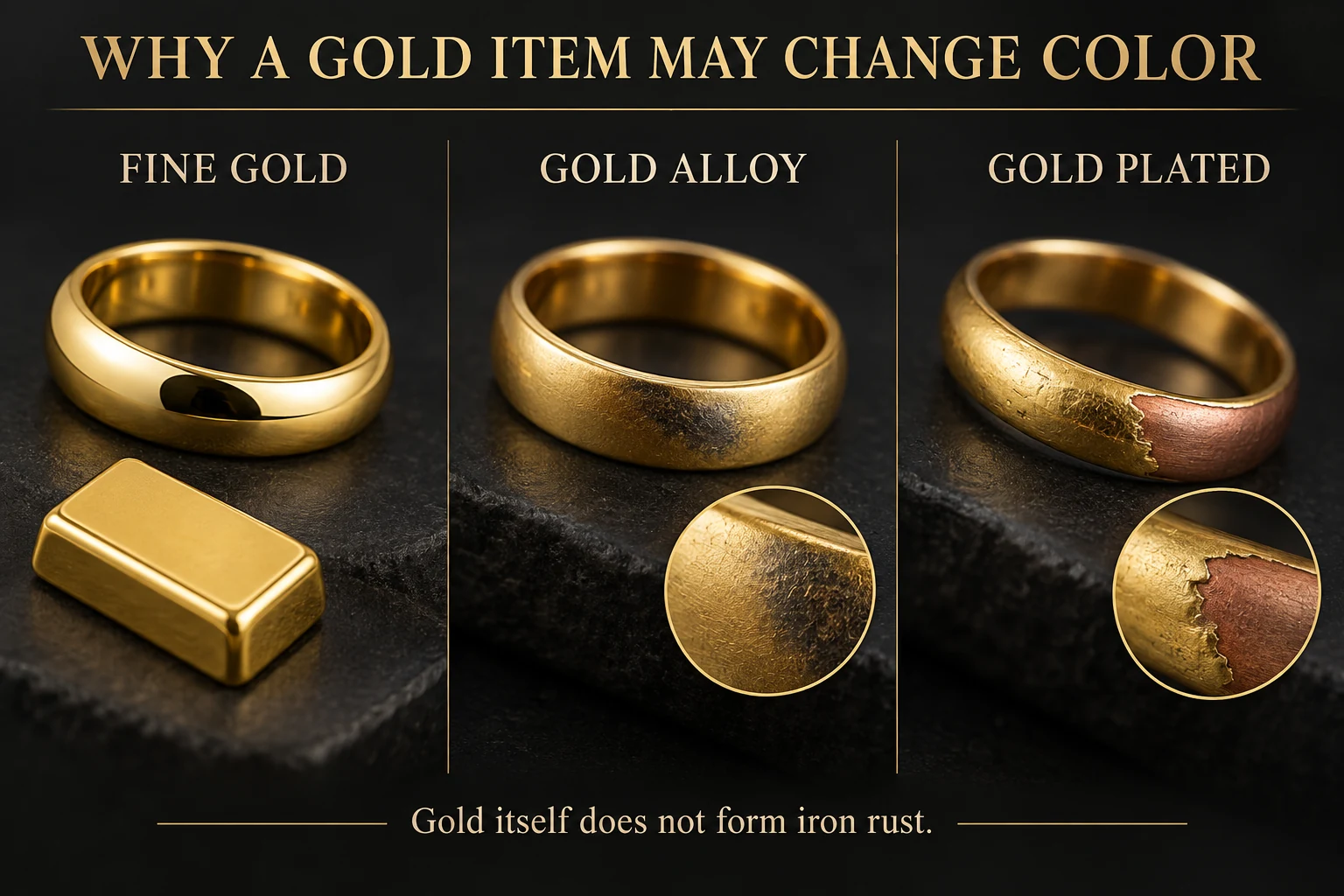 Illustrative comparison: fine gold stays intact, an alloy can show surface discoloration, and worn plating can reveal a copper-colored base metal