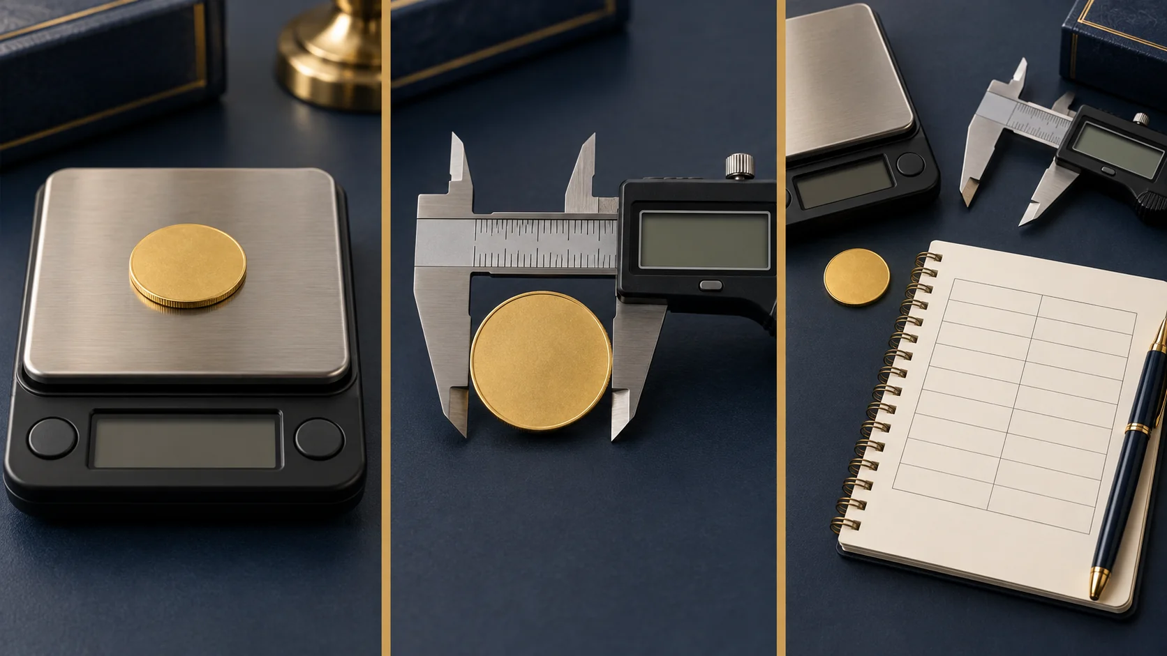 Illustrative three-step coin measurement: weigh a bare coin, measure its diameter with calipers, and record readings