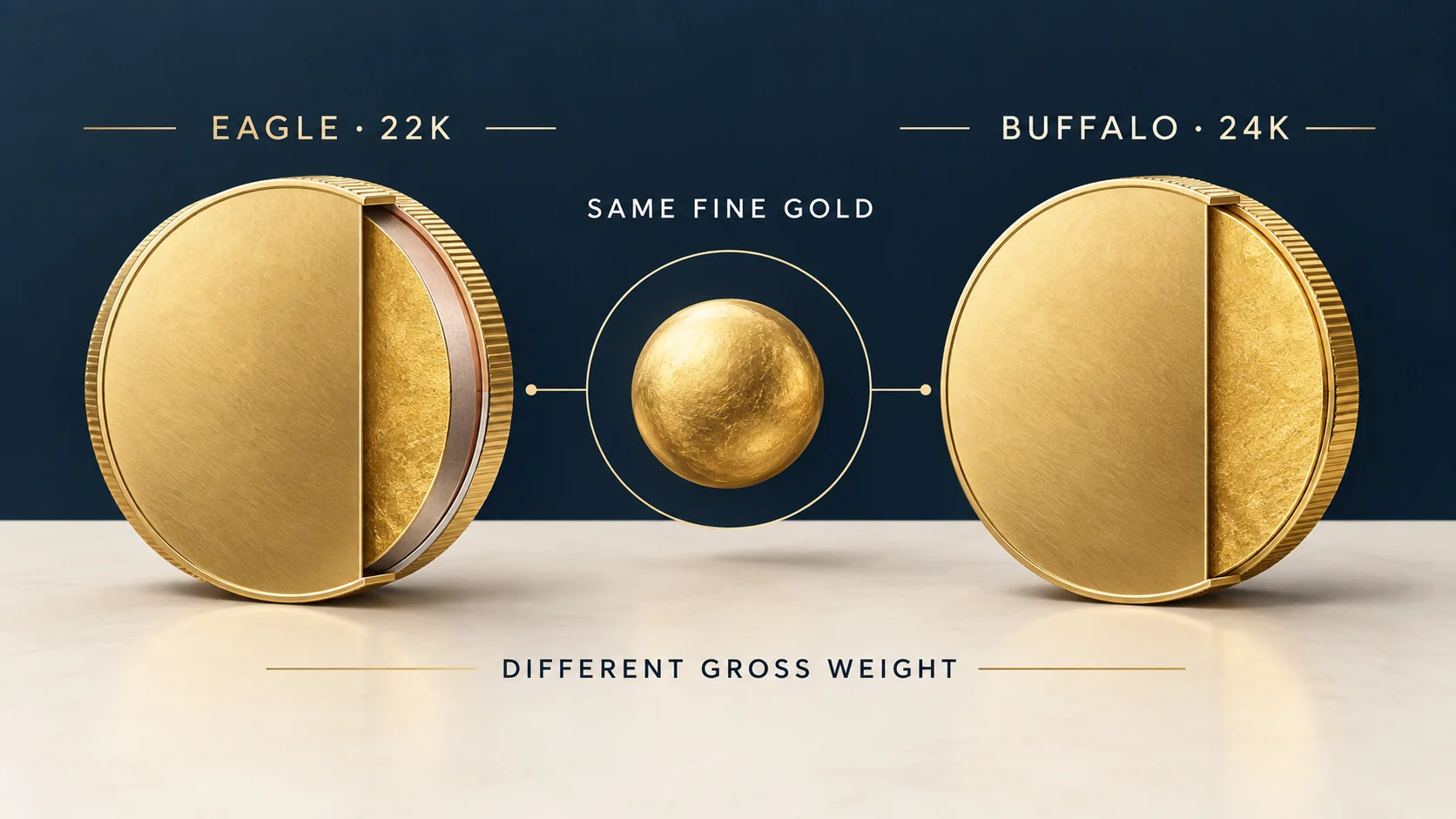 Illustrative comparison of a 22-karat Gold Eagle and 24-karat Gold Buffalo: same fine gold, different total weights