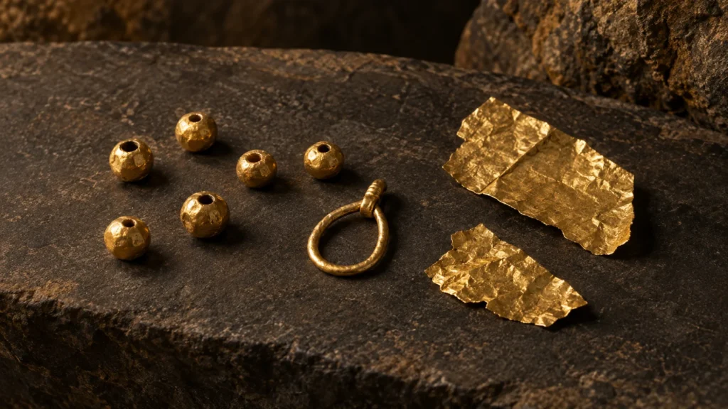 Editorial illustration of simple hammered gold beads, a small loop pendant, and thin gold fragments