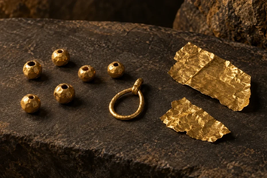 Editorial illustration of simple hammered gold beads, a small loop pendant, and thin gold fragments
