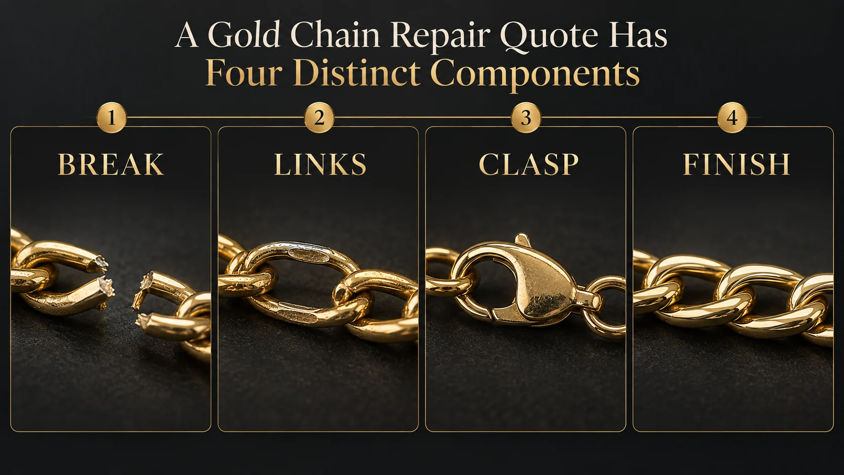 Four components of a gold chain repair quote: break, links, clasp and finish