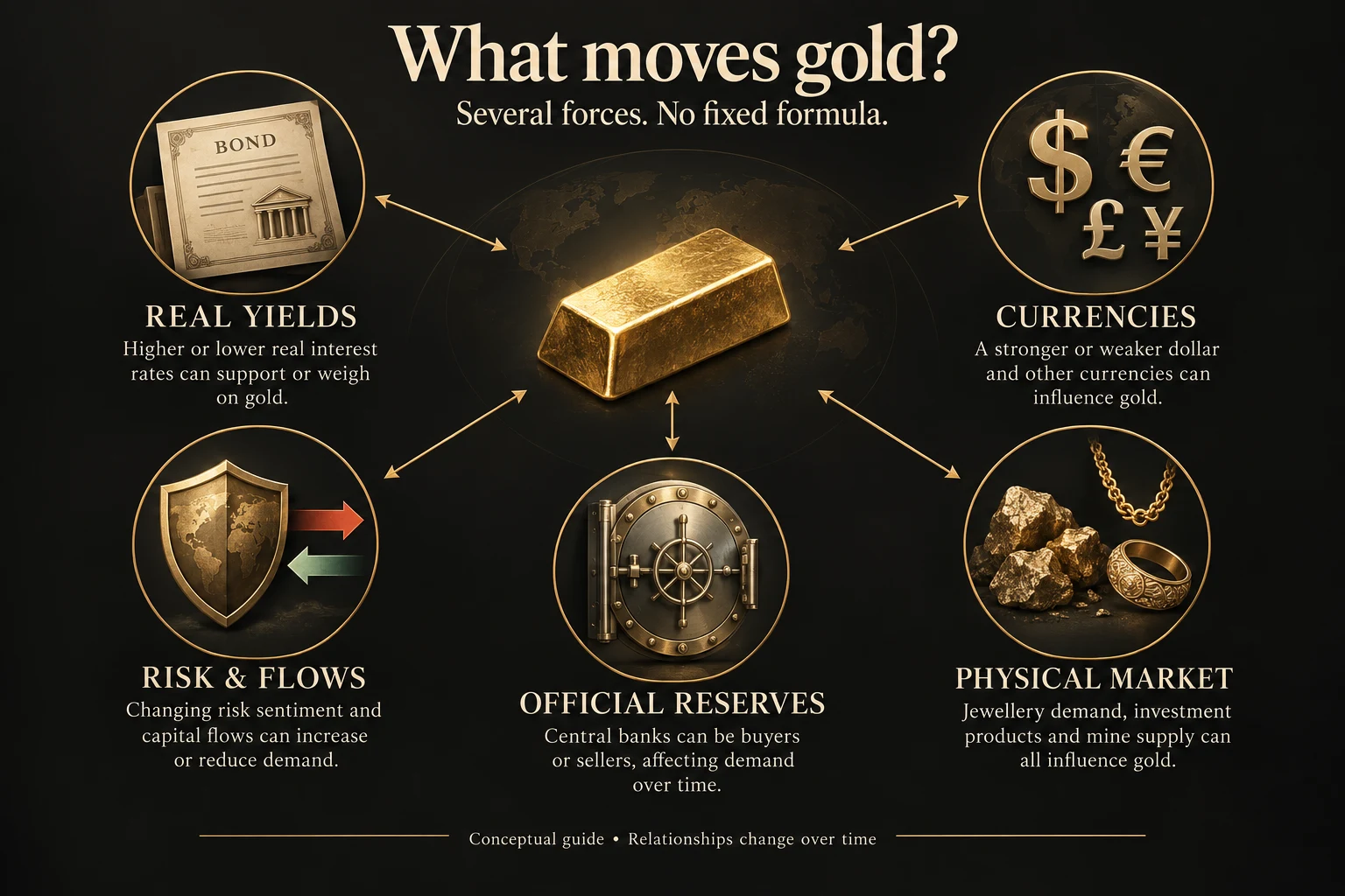 Five connected influences on gold: real yields, currencies, risk and flows, official reserves, and physical markets.