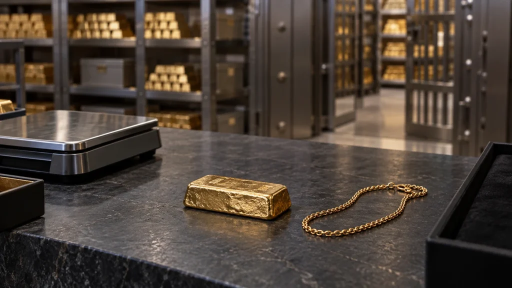 Illustrative bullion inspection desk with a gold bar and jewelry in a vault.