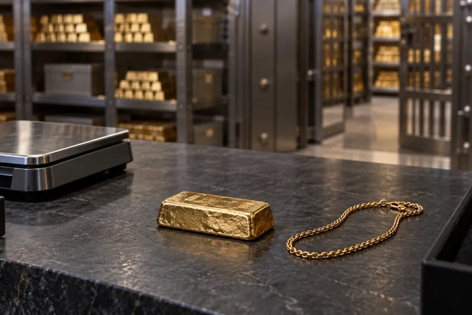 Illustrative bullion inspection desk with a gold bar and jewelry in a vault.