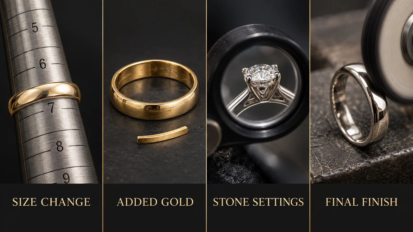 Four factors in gold ring resizing: size change, added gold, stone settings and finish
